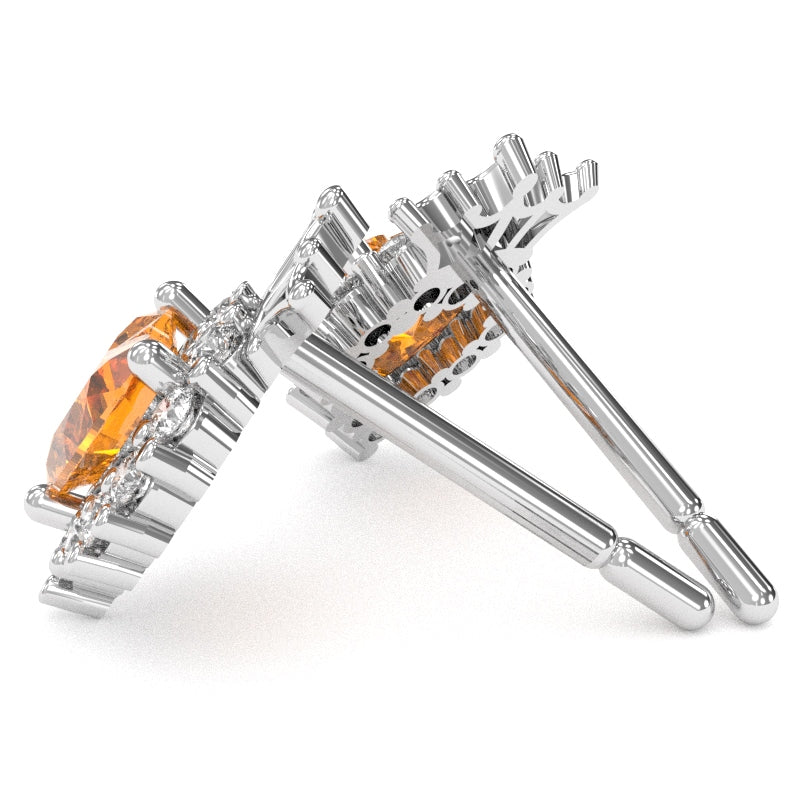 Citrine Diamond Claddagh Motive Stud Earrings in 14k White Gold