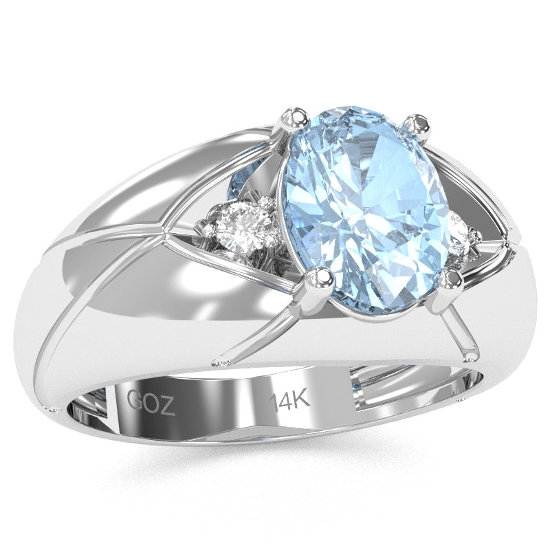 Men's Designer Aquamarine Diamond Ring In Solid 14k White Gold