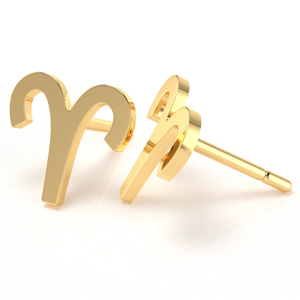 Aries Zodiac Sign Stud Earrings In Solid 14K Yellow Gold