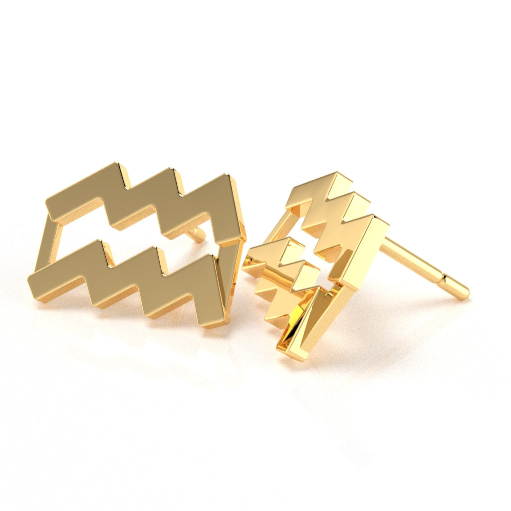 Aquarius Zodiac Sign Stud Earrings In Solid 10K Yellow Gold