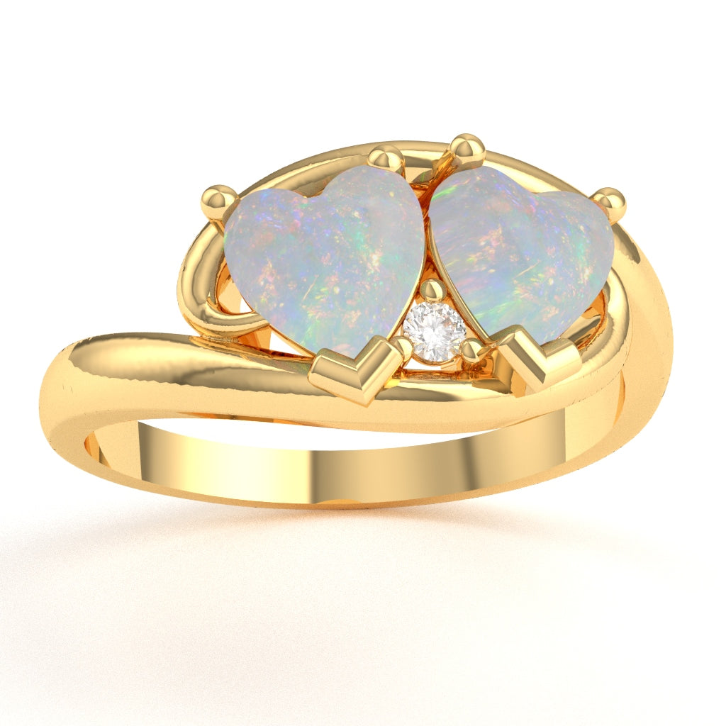 2 Hearts In Love Opal Diamond Promise Ring In 14k Yellow Gold