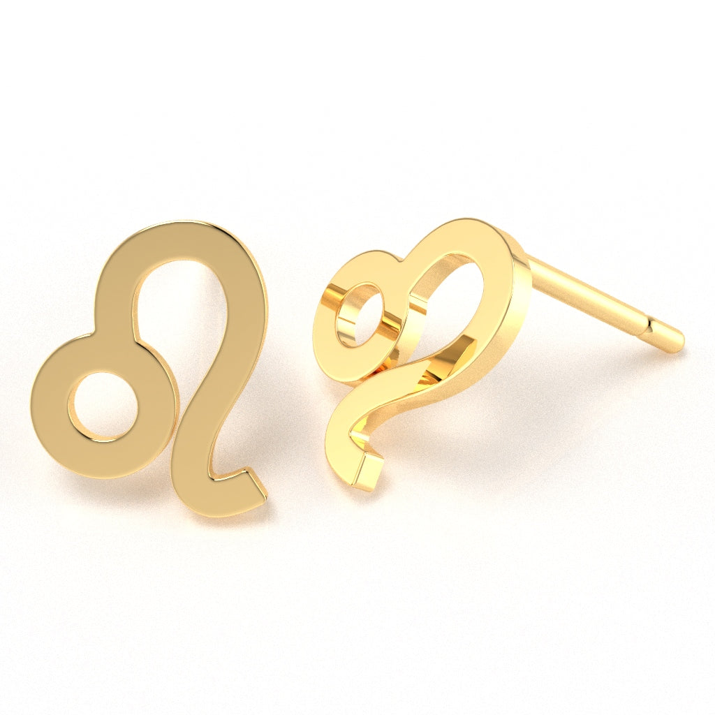 Leo Zodiac Sign Stud Earrings In Solid 10K Yellow Gold