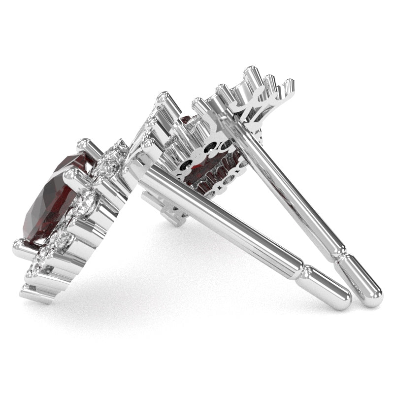 Garnet Diamond Claddagh Motive Stud Earrings in 14k White Gold