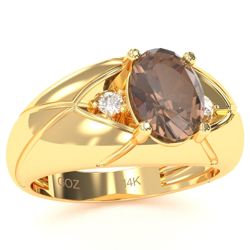 Men's Designer Smoky Quartz Diamond Ring In Solid 14k Yellow Gold