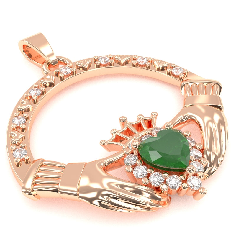Emerald Diamond Claddagh Pendant in 14k Rose Gold