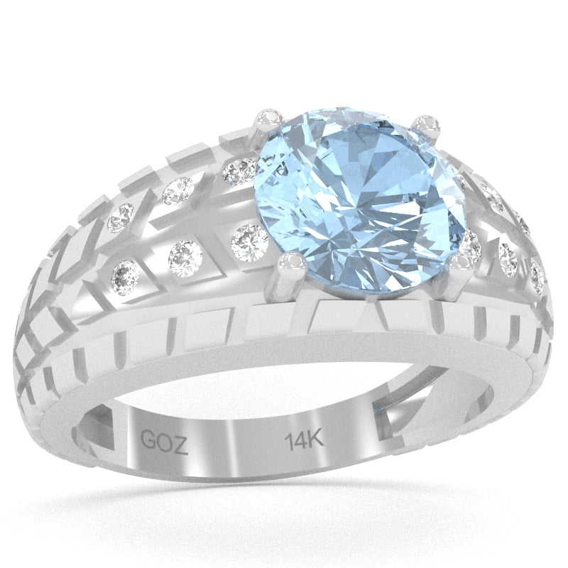 Men's Tire Tread Aquamarine Diamond Ring In Solid 14k White Gold