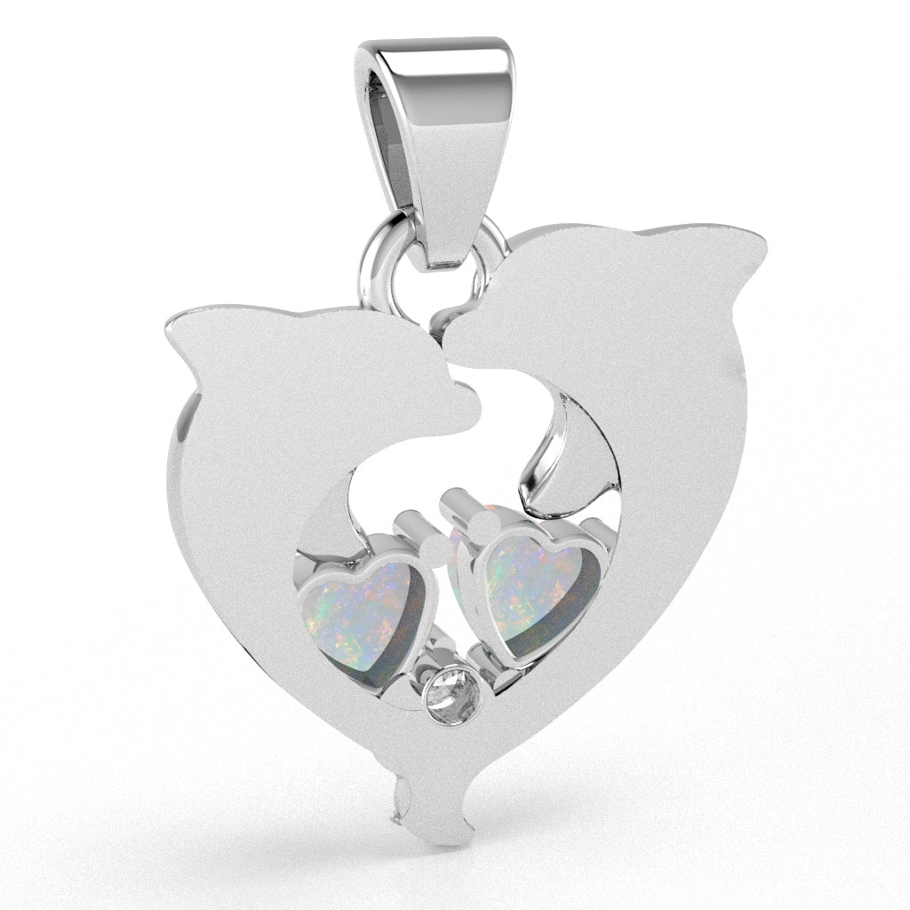 Opal Diamond Dolphin 2 Heart Birthstone Pendant in 10k White Gold