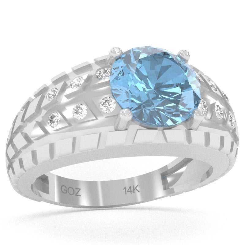 Men's Tire Tread Blue Topaz Diamond Ring In Solid 14k White Gold