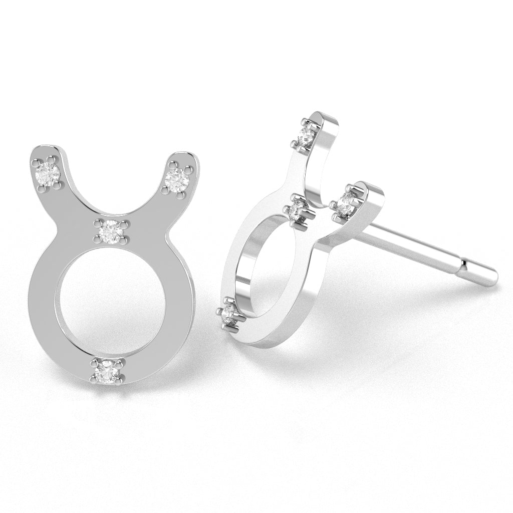 Taurus Zodiac Sign Diamond Stud Earrings In Solid 14k White Gold