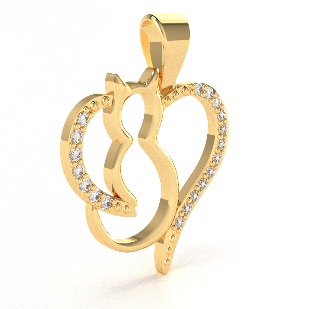 Cat Love Heart Diamond Pendant In Solid 14k Yellow Gold