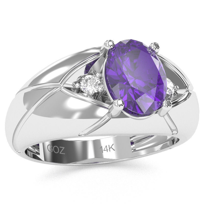 Men's Designer Amethyst Diamond Ring In Solid 14k White Gold