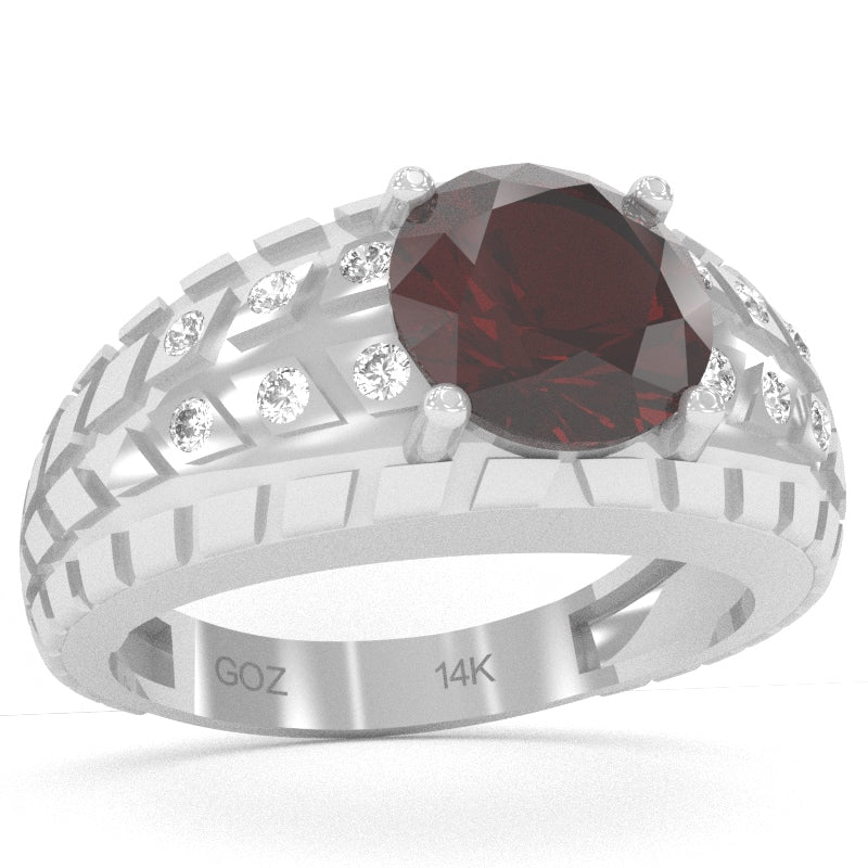 Men's Tire Tread Garnet Diamond Ring In Solid 14k White Gold