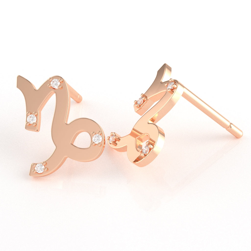 Capricorn Zodiac Sign Diamond Stud Earrings In Solid 14k Rose Gold