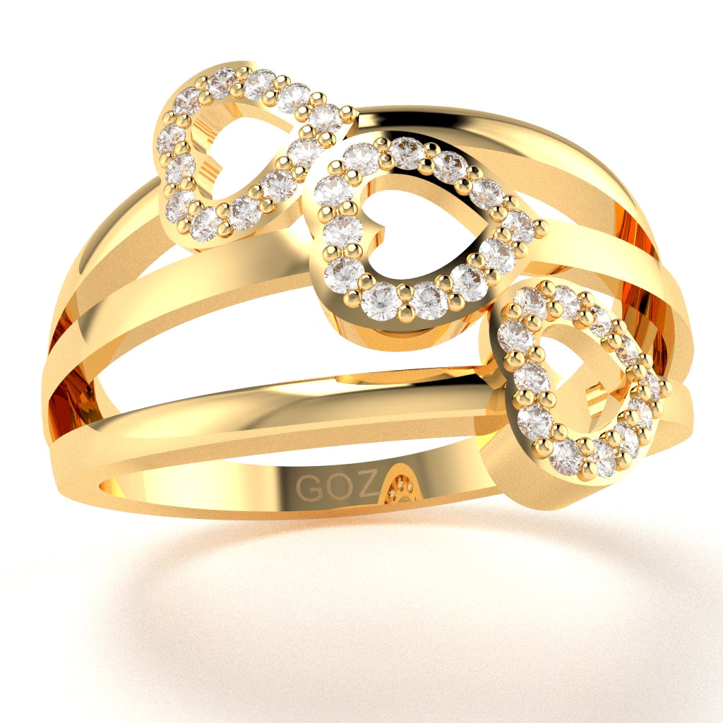 Triple Heart Diamond Cocktail Ring In 14k Yellow Gold