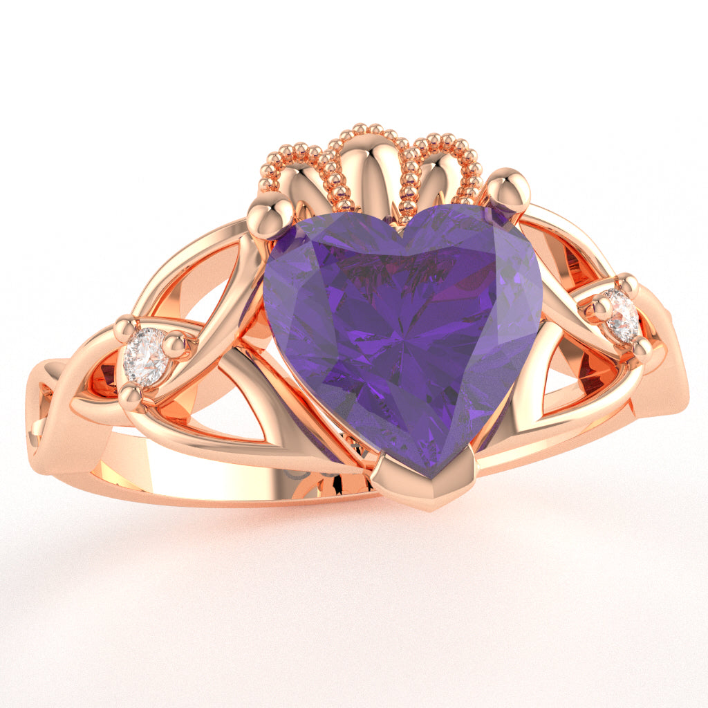 Celtic Trinity Knot Claddagh Heart Amethyst Diamond Ring In 10k Rose Gold