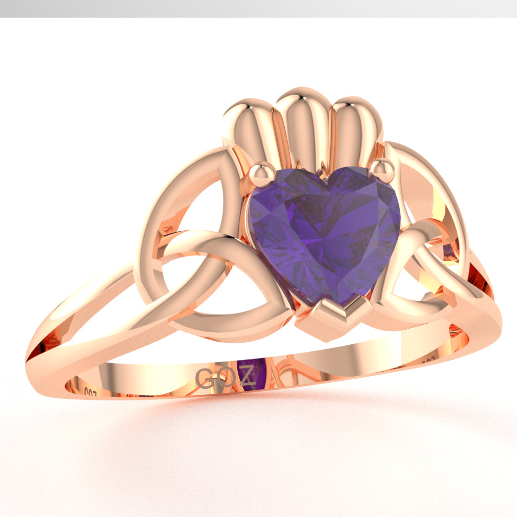 Celtic Trinity Knot Claddagh Amethyst Engagement Ring In 14k Rose Gold