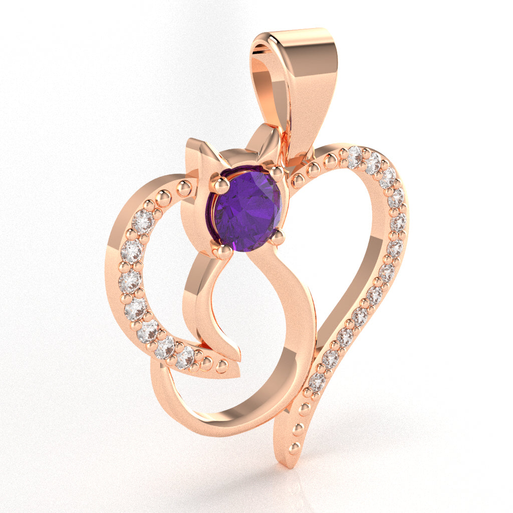 Amethyst Diamond Cat Love Heart Pendant In 14k Rose Gold