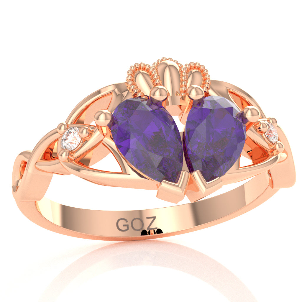 Amethyst Diamond Celtic Knot Heart Claddagh Ring In 14k Rose Gold