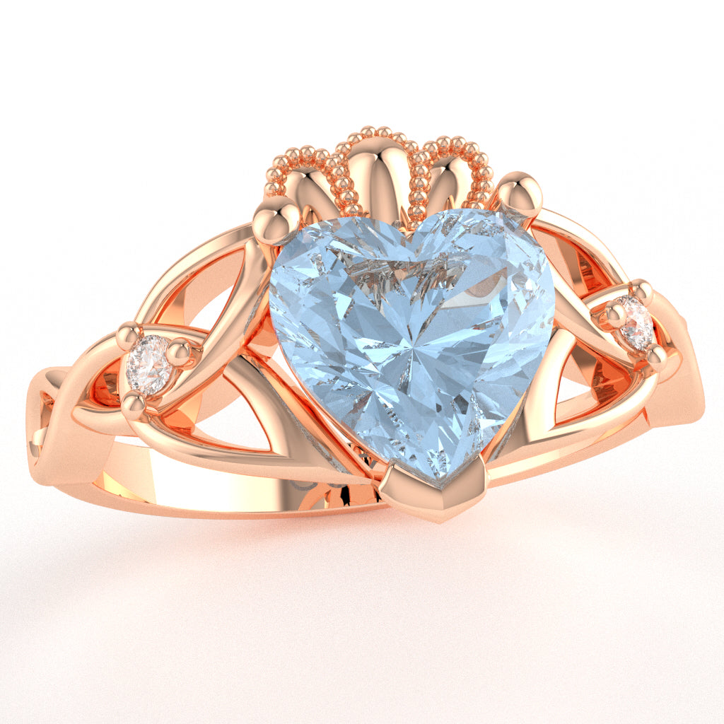 Celtic Trinity Knot Claddagh Heart Aquamarine Diamond Ring In 14k Rose Gold