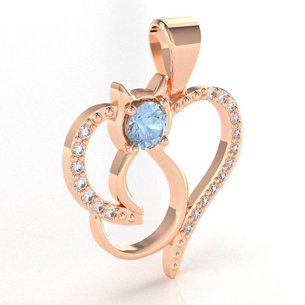 Aquamarine Diamond Cat Love Heart Pendant In 10k Rose Gold