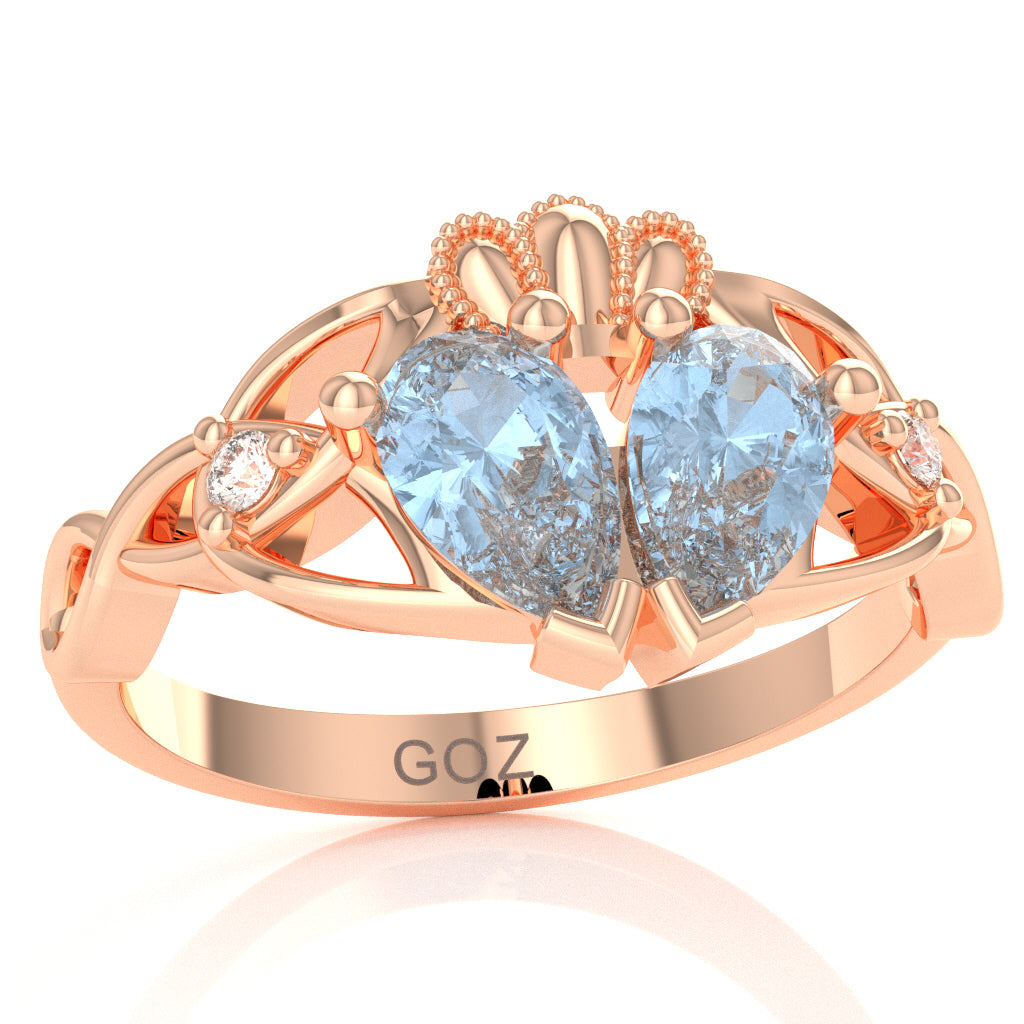 Aquamarine Diamond Celtic Knot Heart Claddagh Ring In 14k Rose Gold