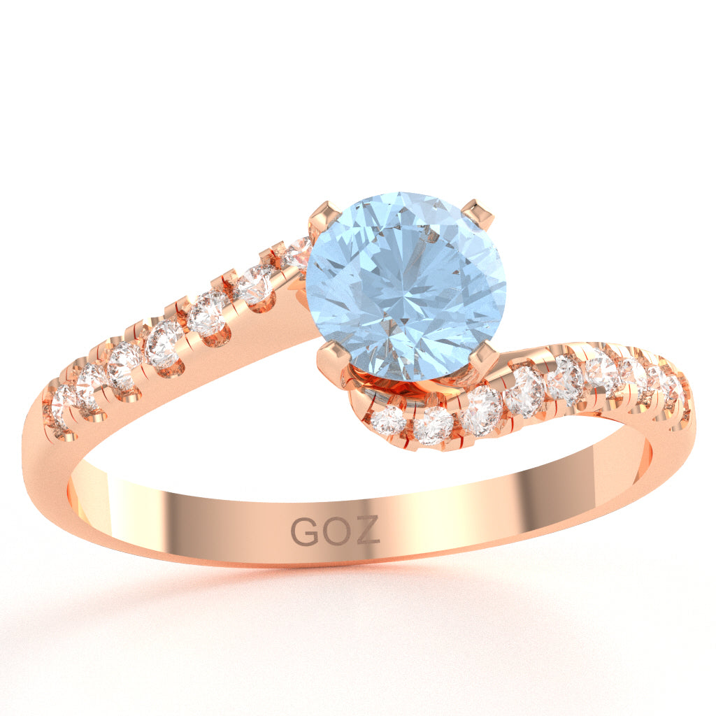 Aquamarine Diamond Curly Dainty Engagement Ring In 14k Rose Gold
