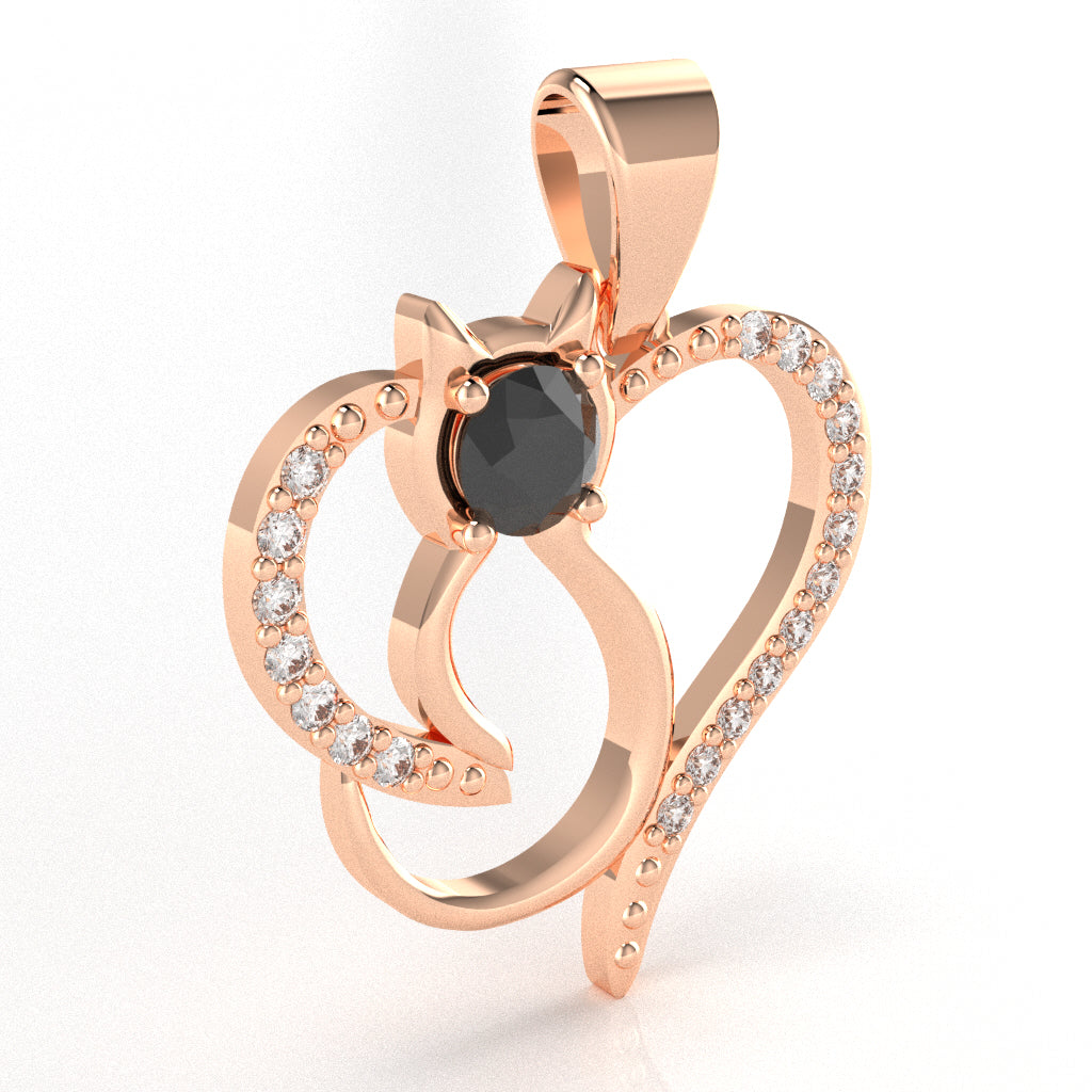 Black Onyx Diamond Cat Love Heart Pendant In 14k Rose Gold