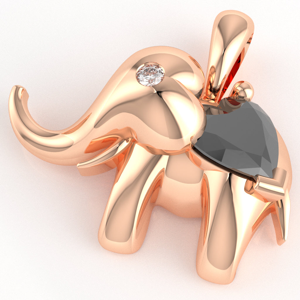 Black Onyx Diamond Elephant Heart Birthstone Pendant In 14k Rose Gold