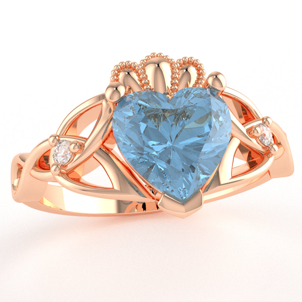 Celtic Trinity Knot Claddagh Heart Blue Topaz Diamond Ring In 14k Rose Gold