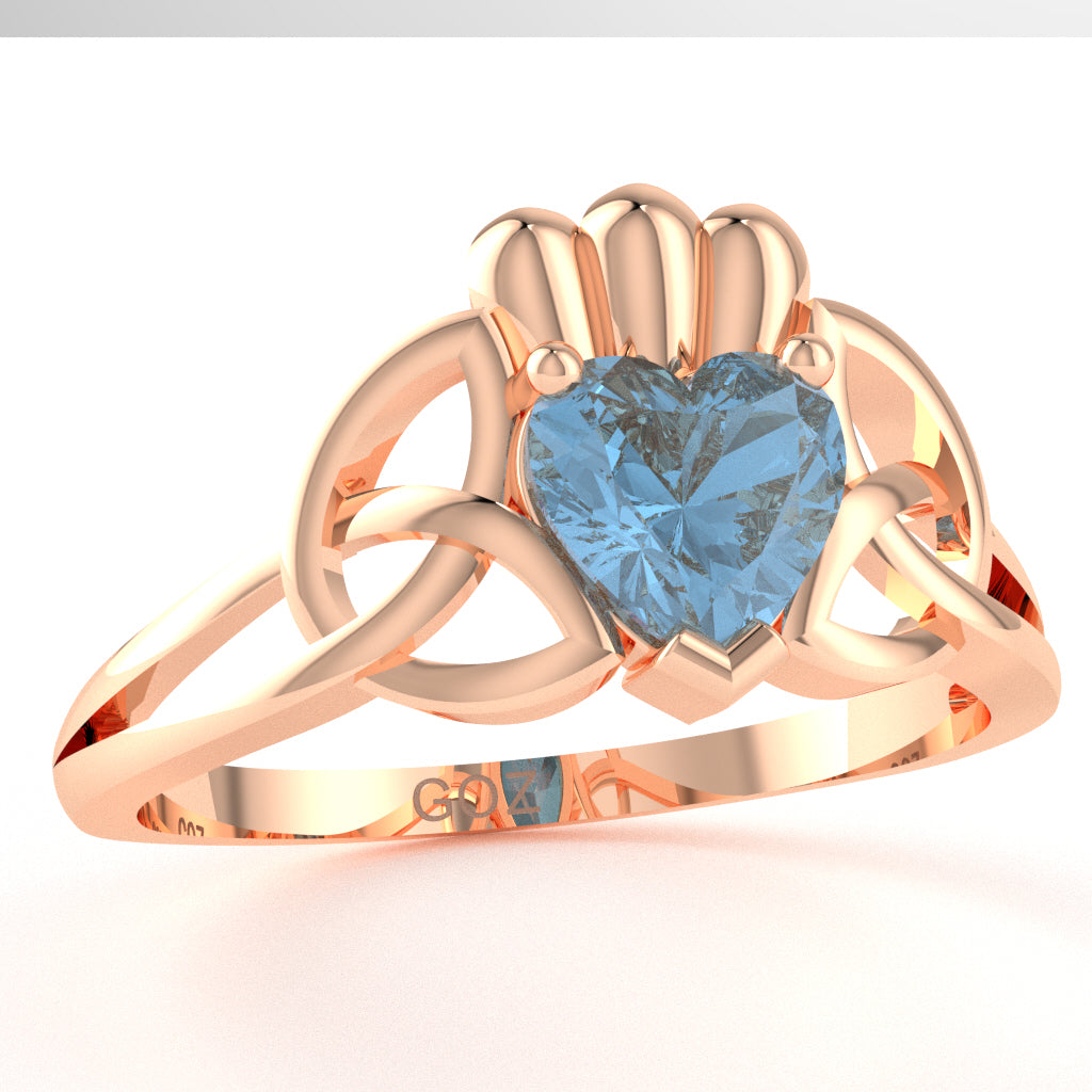 Celtic Trinity Knot Claddagh Blue Topaz Engagement Ring In 10k Rose Gold