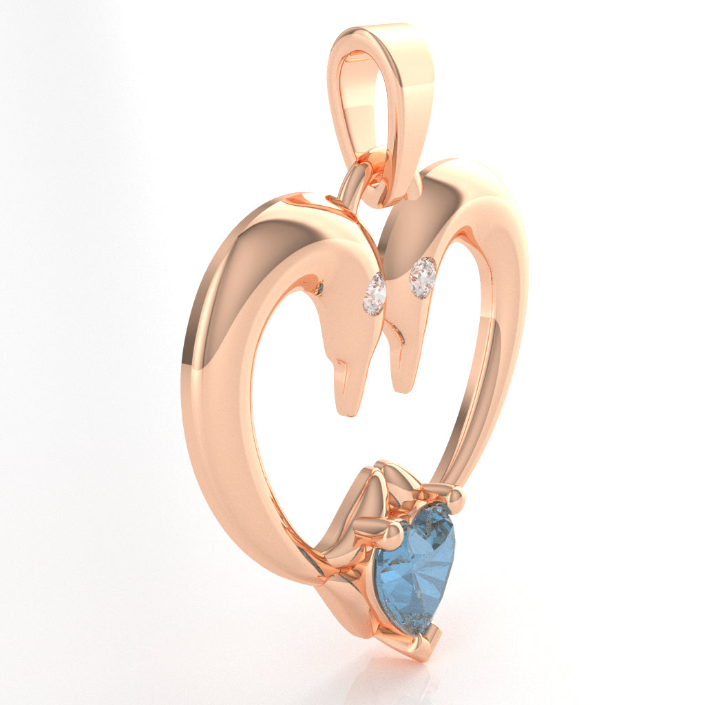 Blue Topaz Diamond 2 Dolphins Heart Love Pendant In 14k Rose Gold
