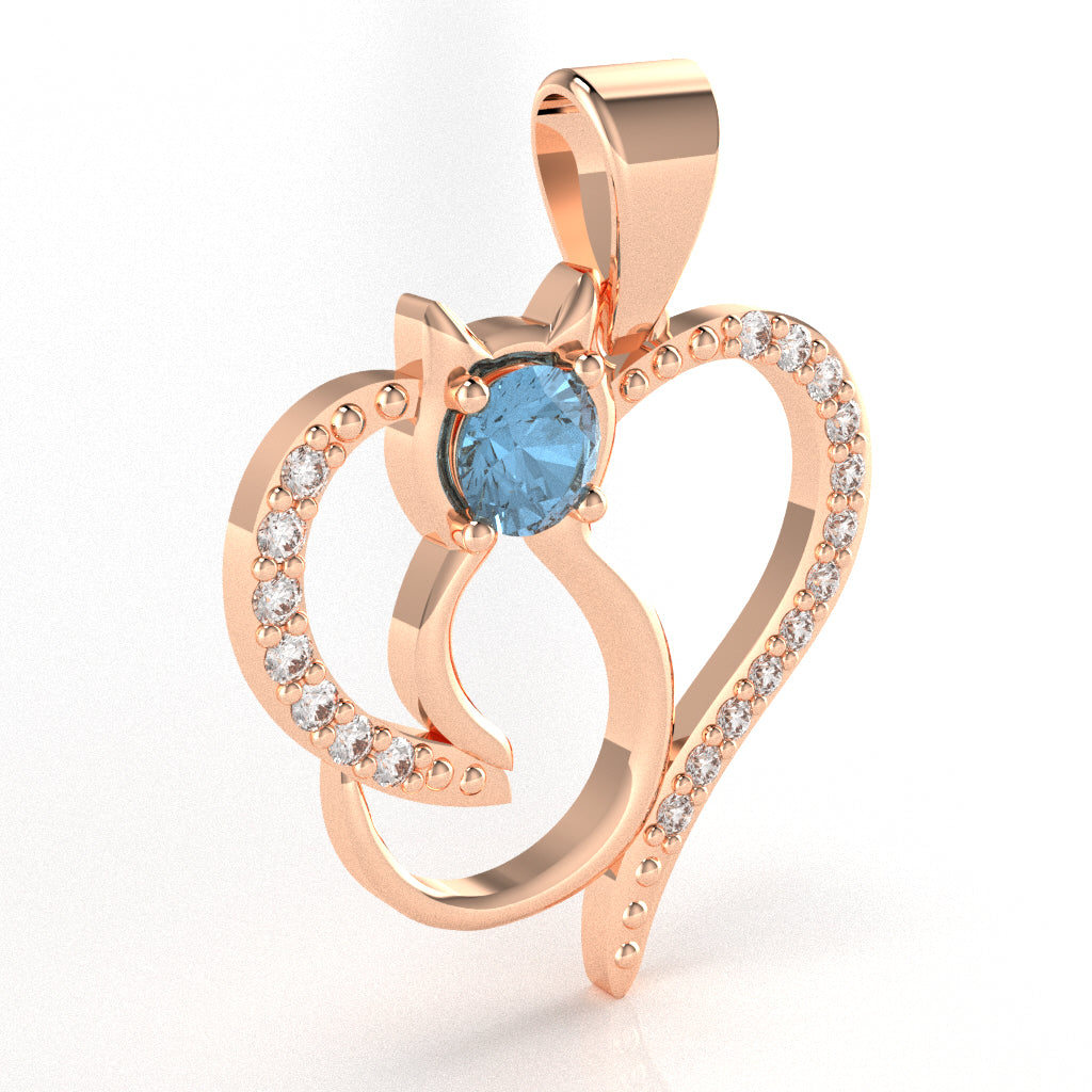Blue Topaz Diamond Cat Love Heart Pendant In 14k Rose Gold
