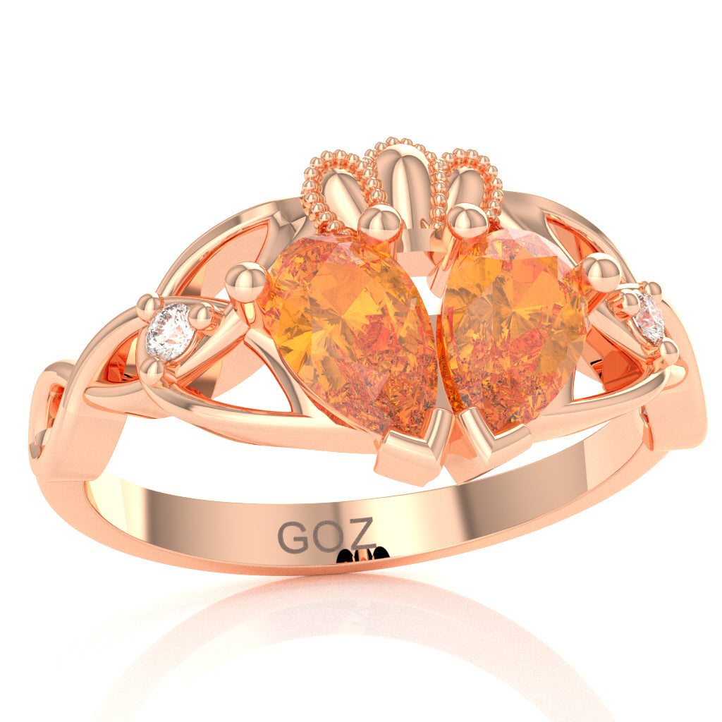 Citrine Diamond Celtic Knot Heart Claddagh Ring In 10k Rose Gold
