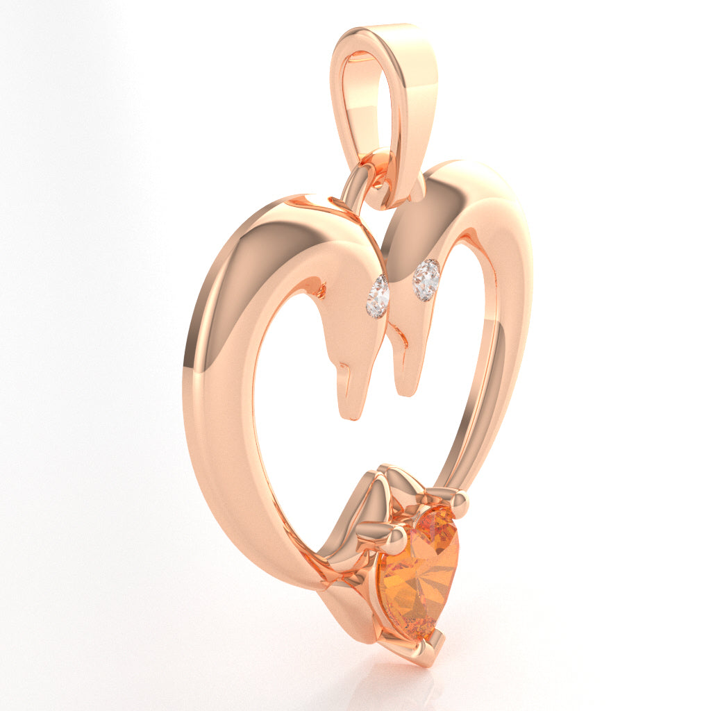 Citrine Diamond 2 Dolphins Heart Love Pendant In 10k Rose Gold