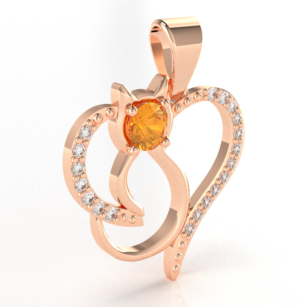 Citrine Diamond Cat Love Heart Pendant In 14k Rose Gold