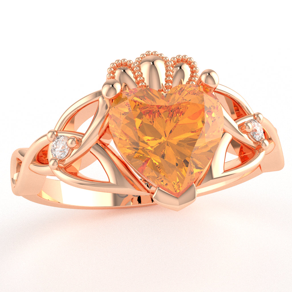 Celtic Trinity Knot Claddagh Heart Citrine Diamond Ring In 10k Rose Gold