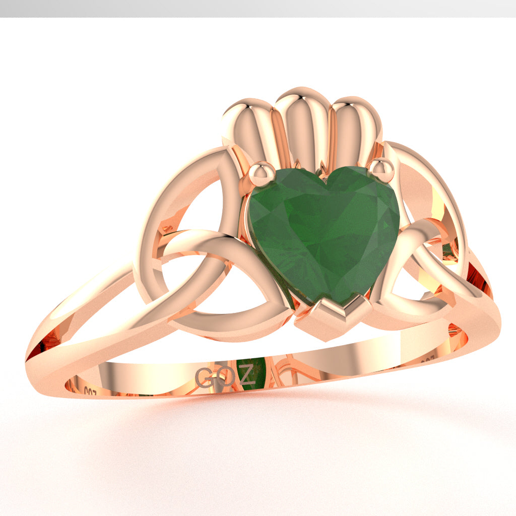 Celtic Trinity Knot Claddagh Emerald Engagement Ring In 14k Rose Gold