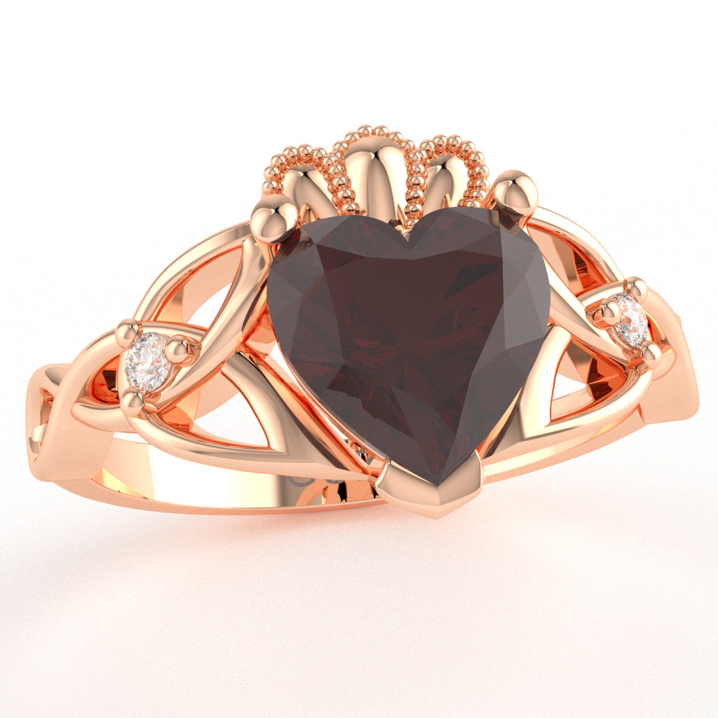 Celtic Trinity Knot Claddagh Heart Garnet Diamond Ring In 10k Rose Gold