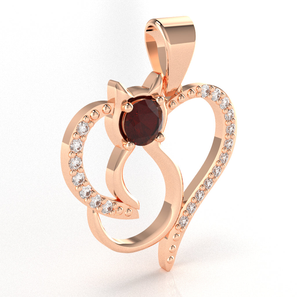 Garnet Diamond Cat Love Heart Pendant In 14k Rose Gold