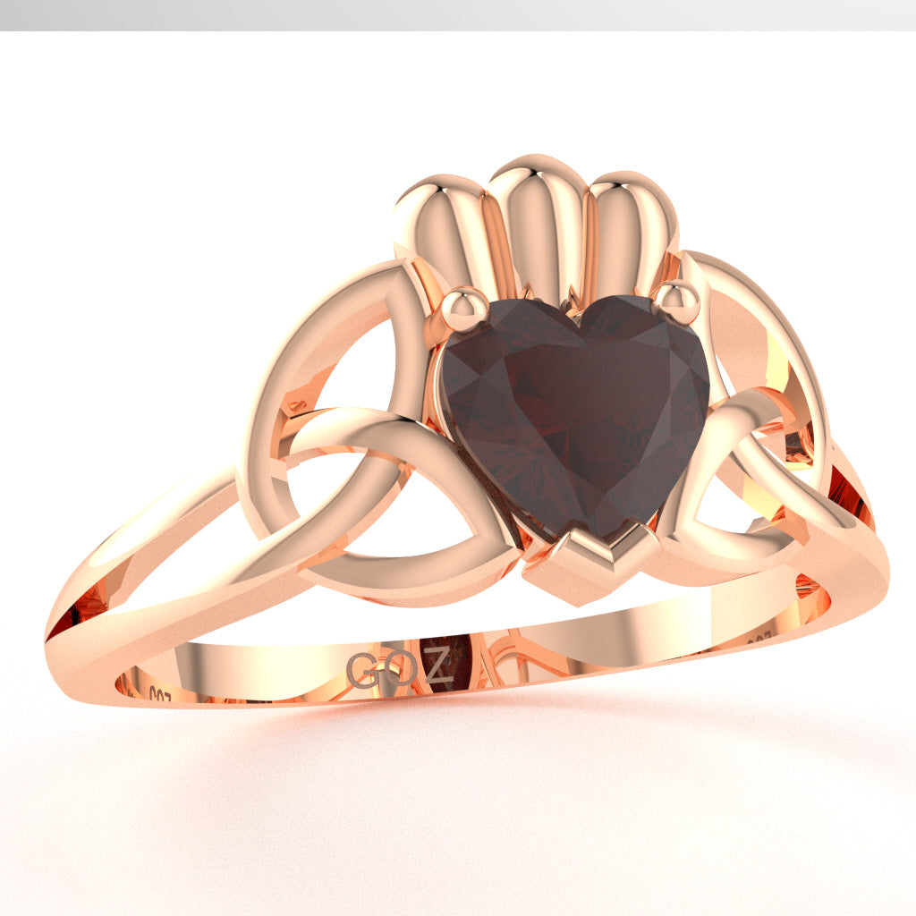 Celtic Trinity Knot Claddagh Garnet Engagement Ring In 14k Rose Gold