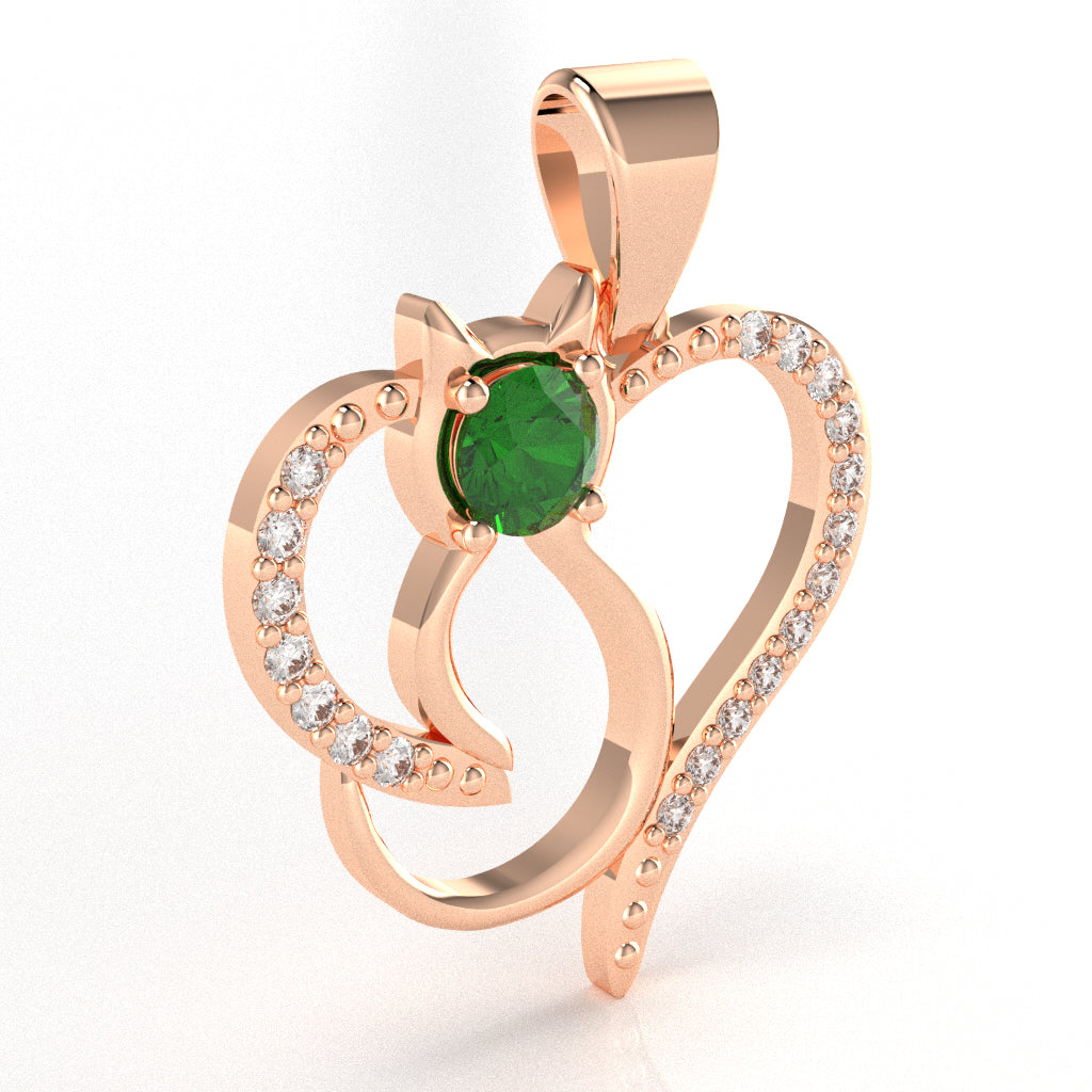 Lab-Created Emerald Diamond Cat Love Heart Pendant In 14k Rose Gold