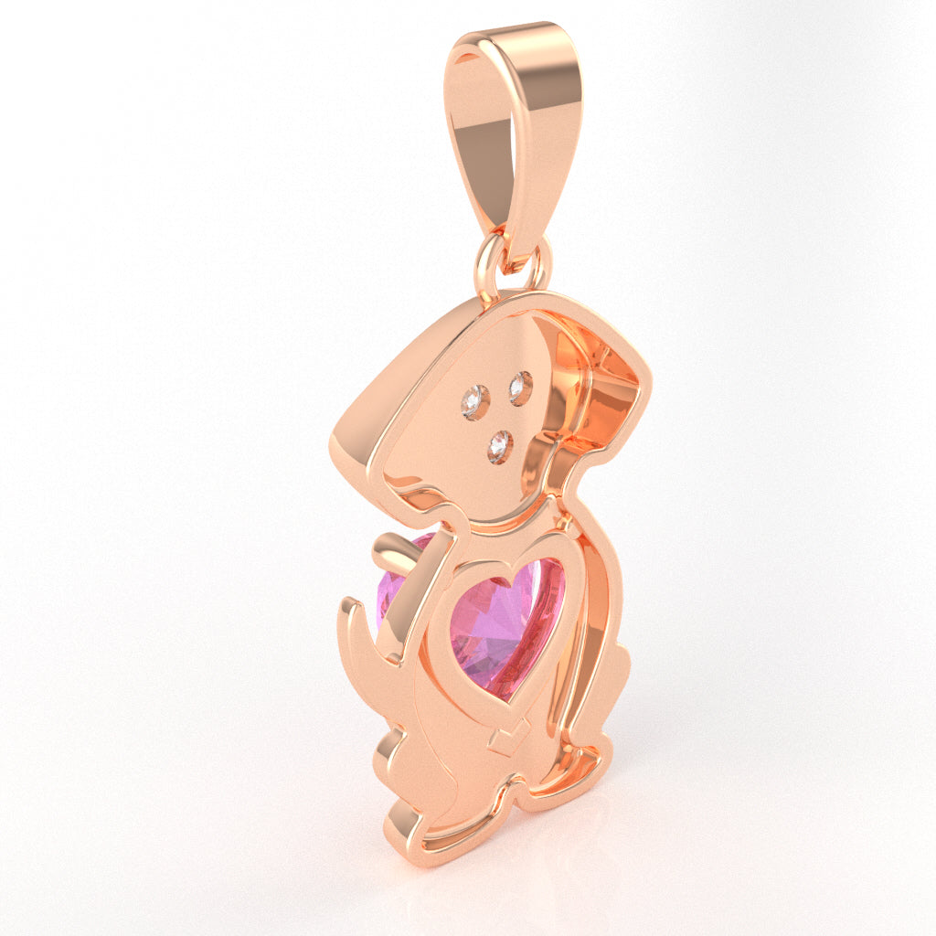 Lab-Created Pink Sapphire Diamond Puppy Love Heart Pendant In 14k Rose Gold