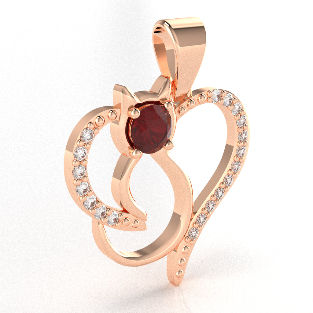 Lab-Created Ruby Diamond Cat Love Heart Pendant In 14k Rose Gold