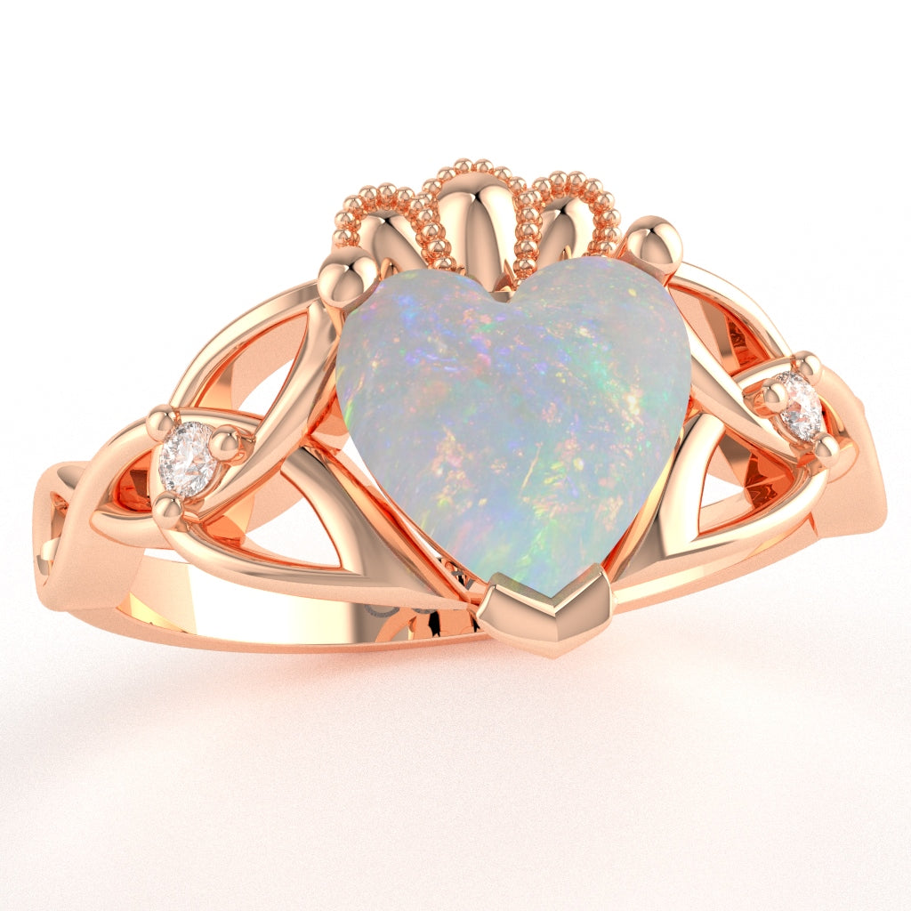 Celtic Trinity Knot Claddagh Heart Opal Diamond Ring In 10k Rose Gold