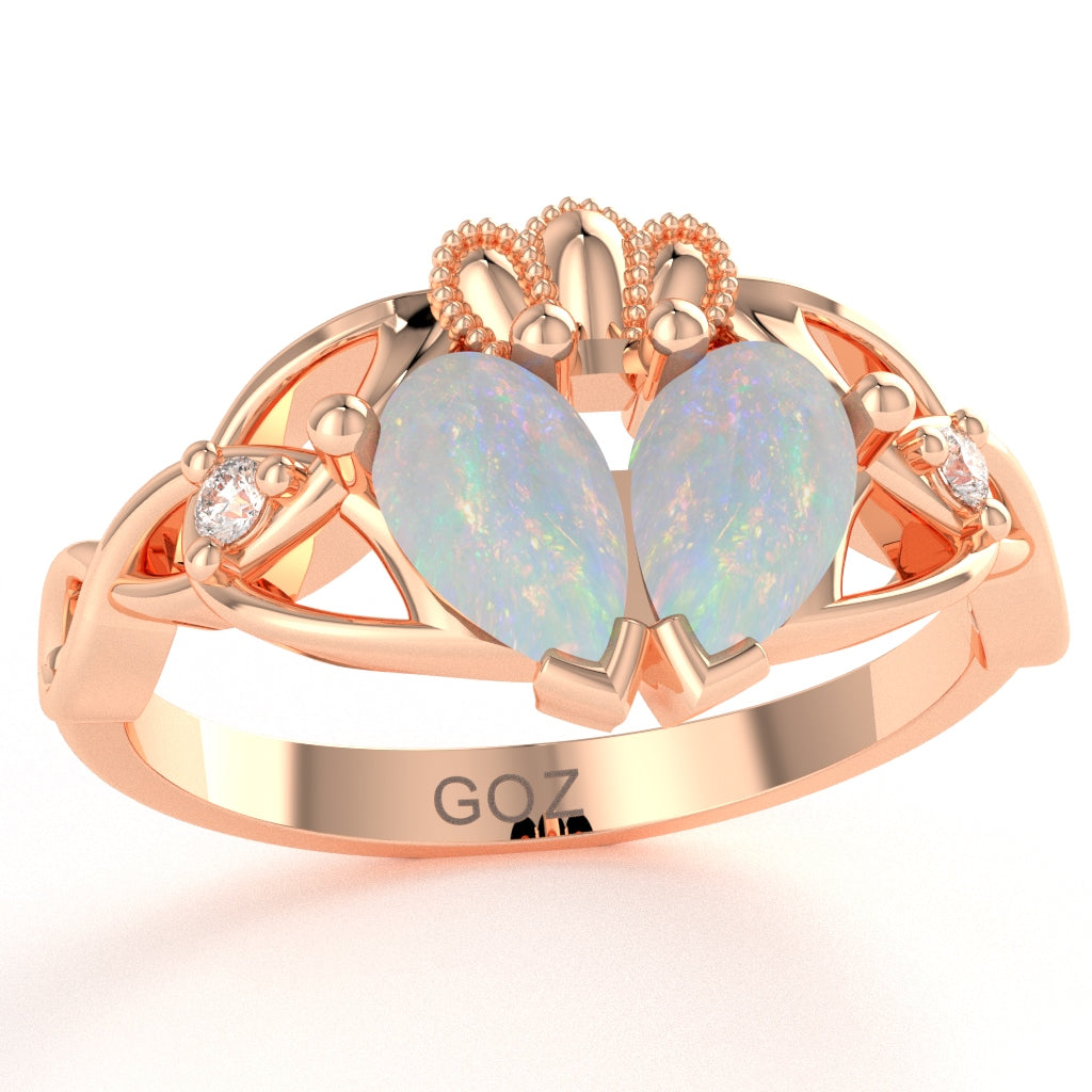 Opal Diamond Celtic Knot Heart Claddagh Ring In 10k Rose Gold