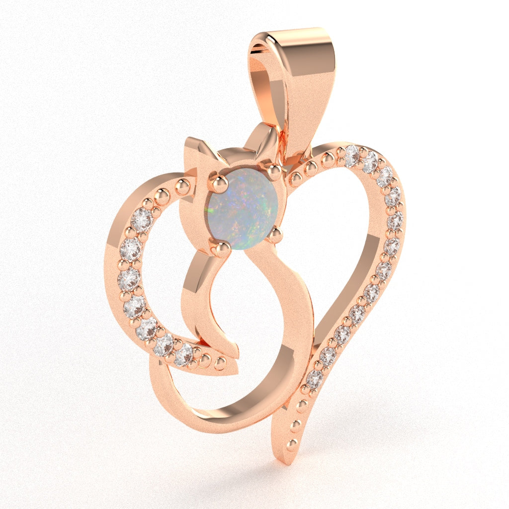 Opal Diamond Cat Love Heart Pendant In 14k Rose Gold
