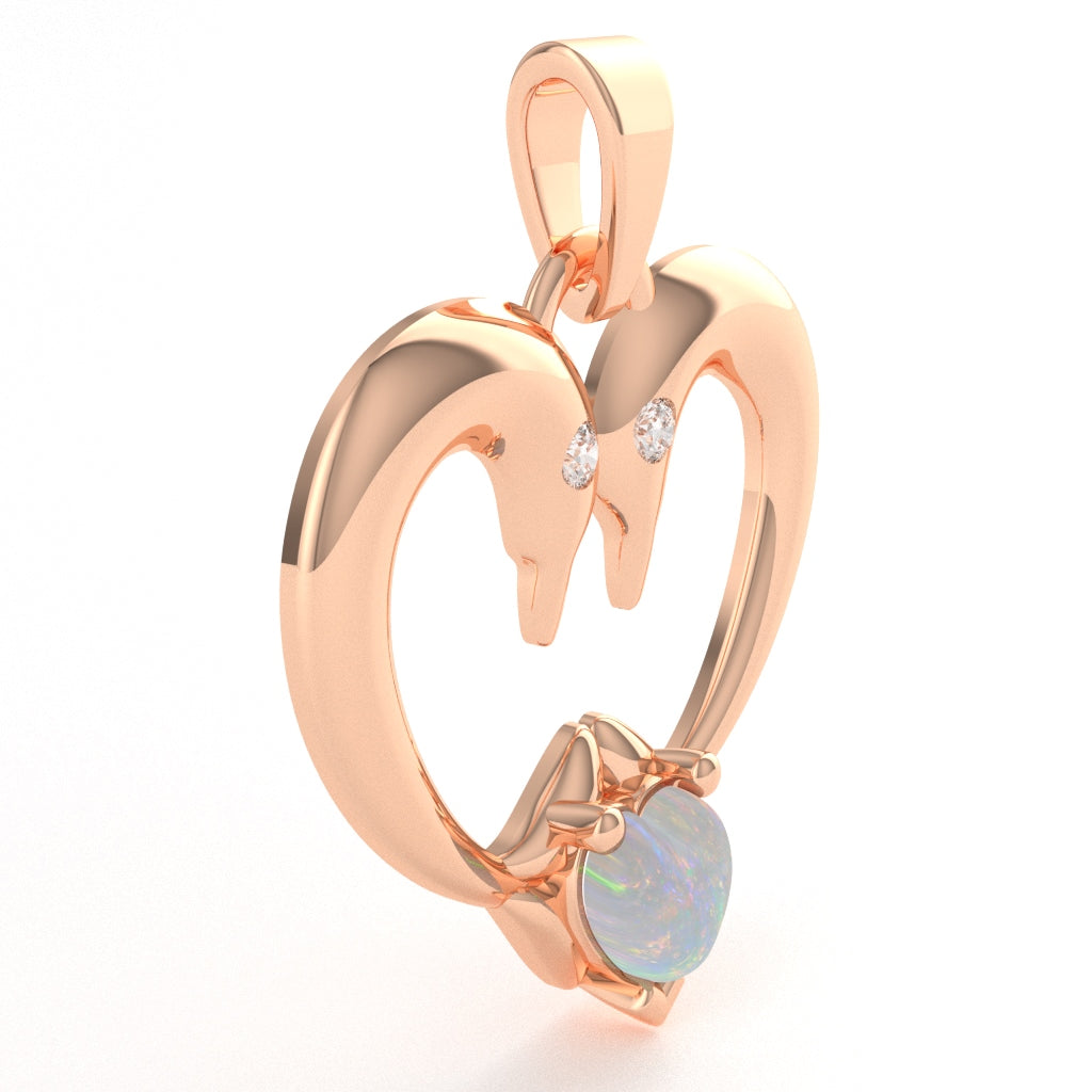 Opal Diamond 2 Dolphins Heart Love Pendant In 14k Rose Gold