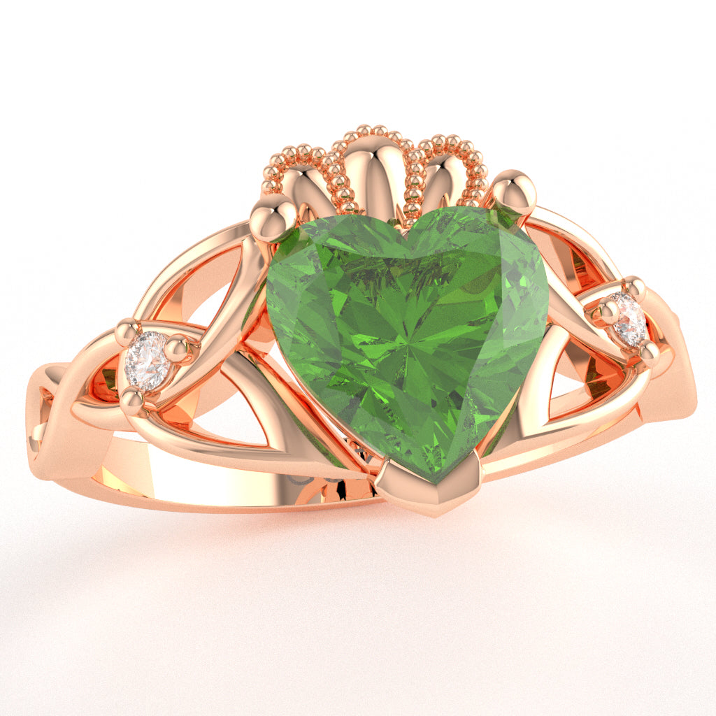 Celtic Trinity Knot Claddagh Heart Peridot Diamond Ring In 10k Rose Gold
