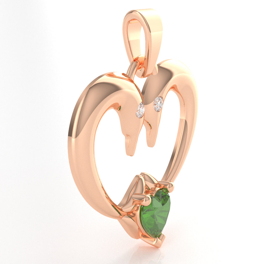 Peridot Diamond 2 Dolphins Heart Love Pendant In 14k Rose Gold