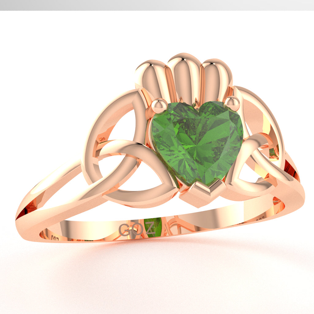 Celtic Trinity Knot Claddagh Peridot Engagement Ring In 14k Rose Gold